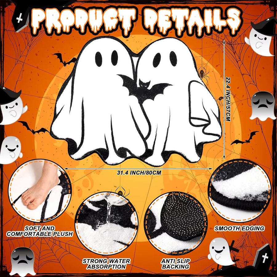 VIKAMA Halloween Fußmatte mit niedlichem Cartoon-Geist in Weiß, rutschfester Teppich für Badezimmer und Schlafzimmer - Bild 3