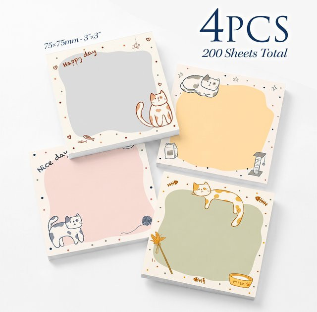 4 Stück Katzen-Haftnotizen in Multicolour, 200 Blatt niedliche Tier-Selbstklebende Notizblöcke, Kawaii Pastell quadratische Notizblöcke mit abnehmbaren Seiten, Breite: 7,62 cm, Höhe: 7,62 cm - Bild 1