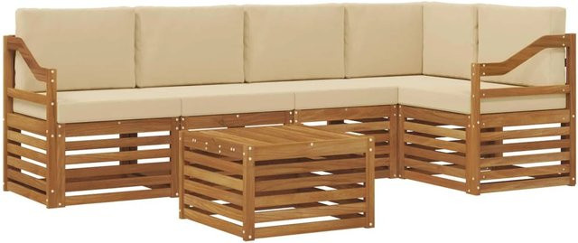vidaXL Sofagarnitur 6-teilig L-Form aus Massivholz Akazie in Natur und Beige mit Polsterung und Armlehnen - Bild 1