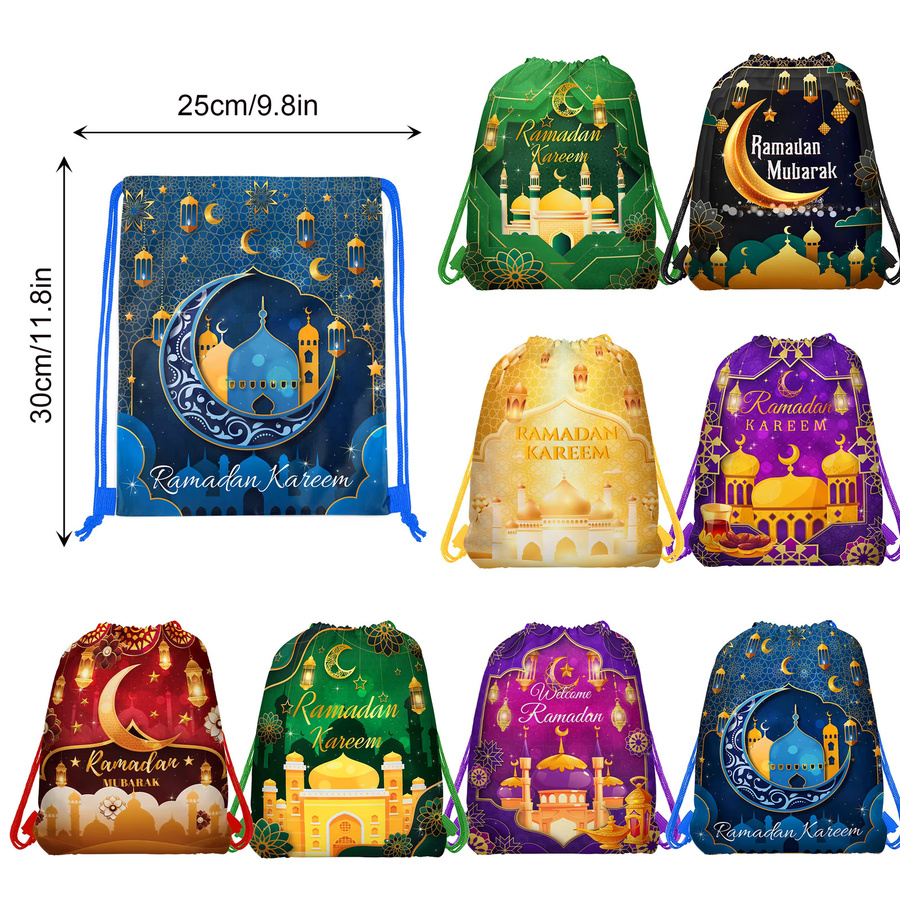 Eid Mubarak Vlies Geschenkbeutel mit Kordelzug für Ramadan und muslimische Feierlichkeiten in Lila und Mehrfarbig (5 oder 10 Stück) - Bild 5