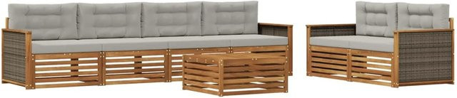 vidaXL Outdoor-Sofagarnitur aus massivem Akazienholz mit Kissen, 7-teiliges Set in Natur und Hellgrau - Bild 1