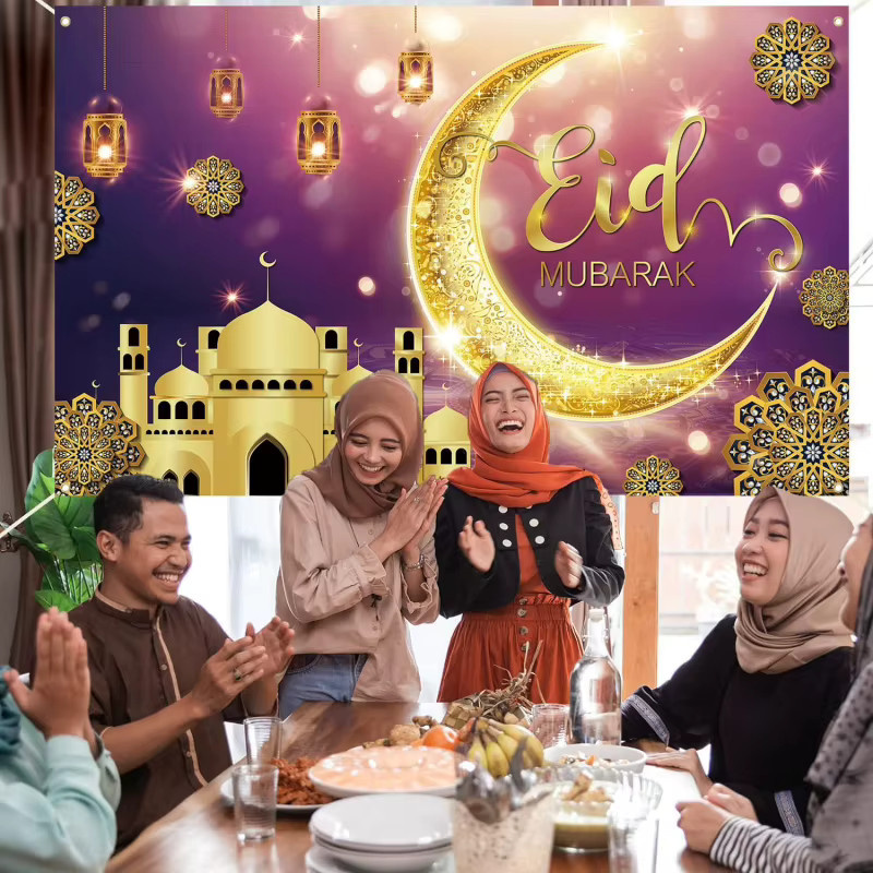 VIKAMA Eid al Fitr Mubarak Wandteppich in Lila-Gold mit Moschee-Motiv als islamische Wanddekoration für Ramadan und Partys - Bild 3