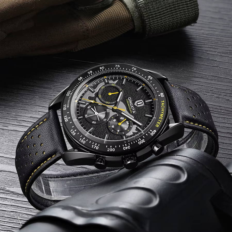 QINGXIYA Chronograph, Quarzuhr, Leder, Schwarz, Herren - Bild 3
