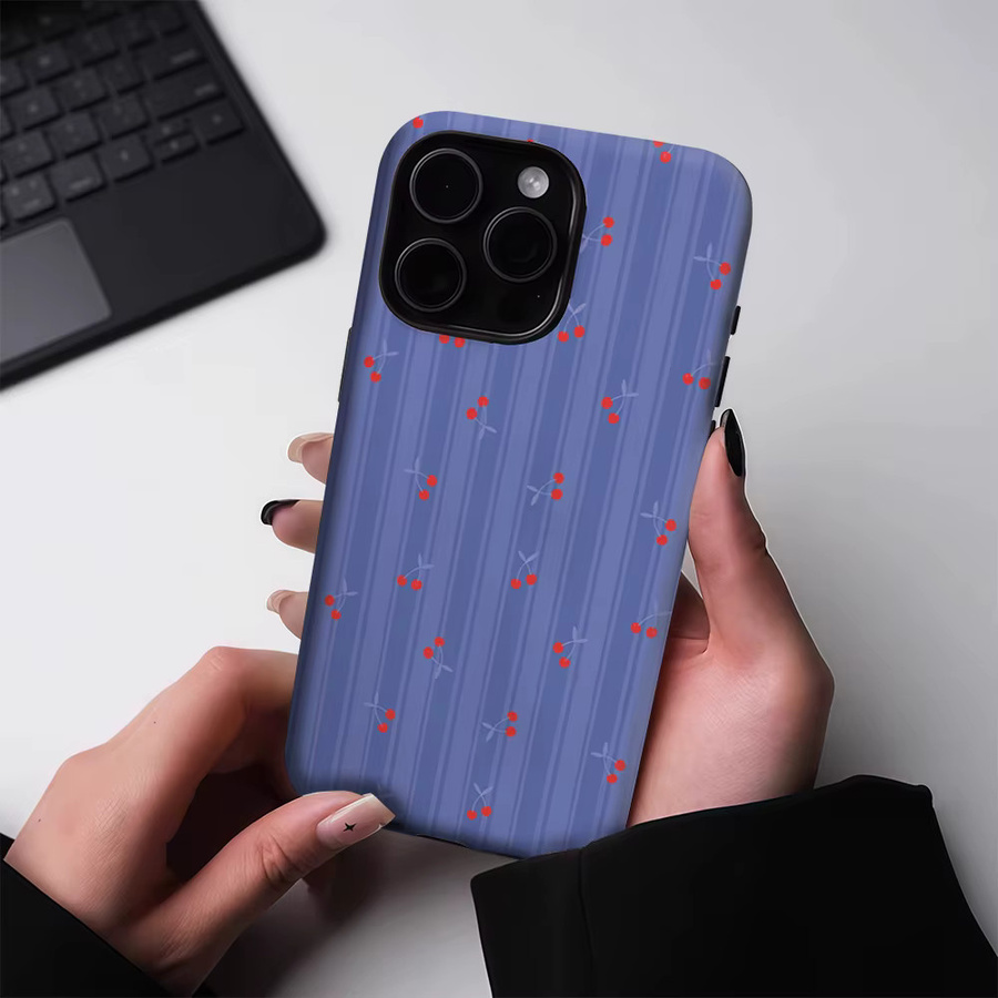 Potdemiel Handyhülle mit Kirschstreifen für iPhone 17 16 15 14 13 Pro Max Plus, Blau/Rot, robuste doppelschichtige Hülle mit Magnetfunktion - Bild 3