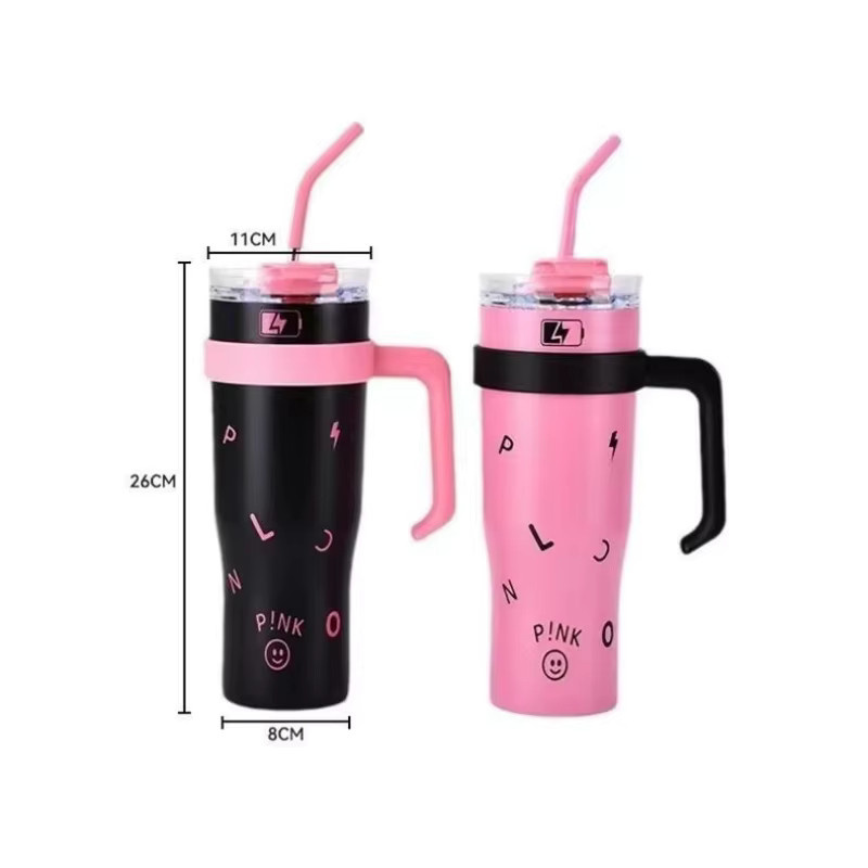 Lusqi Thermosflasche aus Edelstahl mit Griff und Strohhalm in Pink, 1200 ml - Bild 3