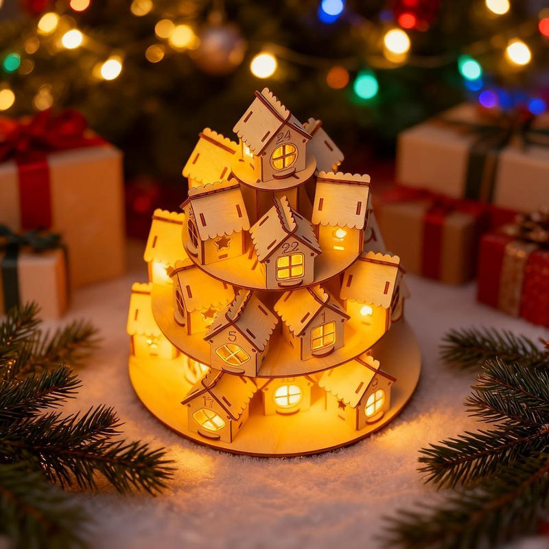 Fashnics Holzer Adventskalender Haus mit 24 Häusern in Braun als DIY Bastelset für Kinder und Familien zur Weihnachtsdekoration - Bild 4