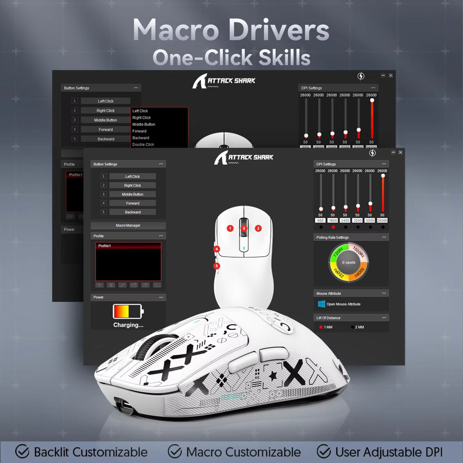 ATTACK SHARK X3 Superlight Gaming-Maus mit PixArt PAW3395 Sensor, kabellos via Bluetooth oder 2.4G sowie kabelgebunden, 26000 DPI, Schwarz oder Weiß - Bild 5