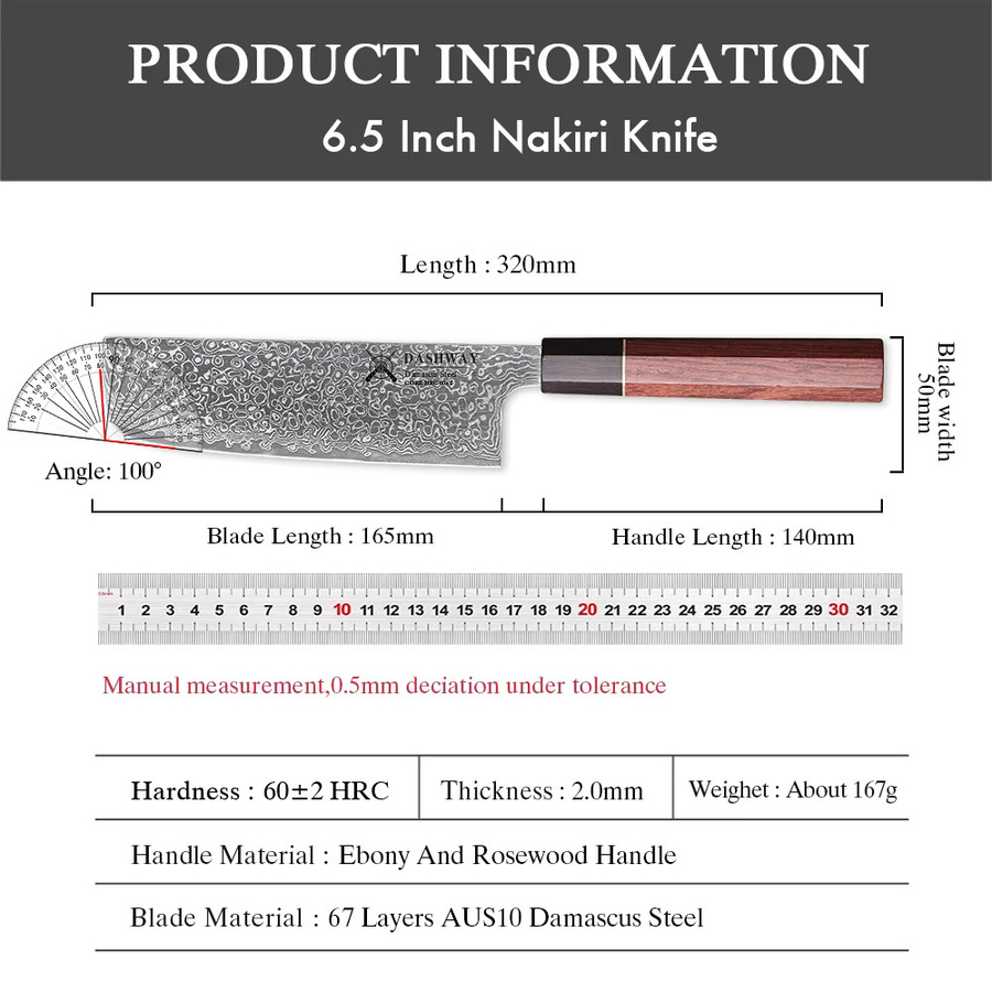 DASHWAY Nakiri Kochmesser aus Damaszener Stahl mit Holzgriff, handgefertigtes Profi-Küchenmesser für Fleisch und Gemüse, 16,5 cm - Bild 6