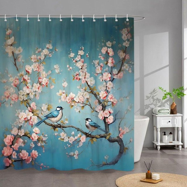 Duschvorhang mit Kirschblüten und Singvögeln von Dunika Chen in Rosa und Blau, wasserdicht und schimmelresistent, B: 150 cm, H: 220 cm - Bild 1
