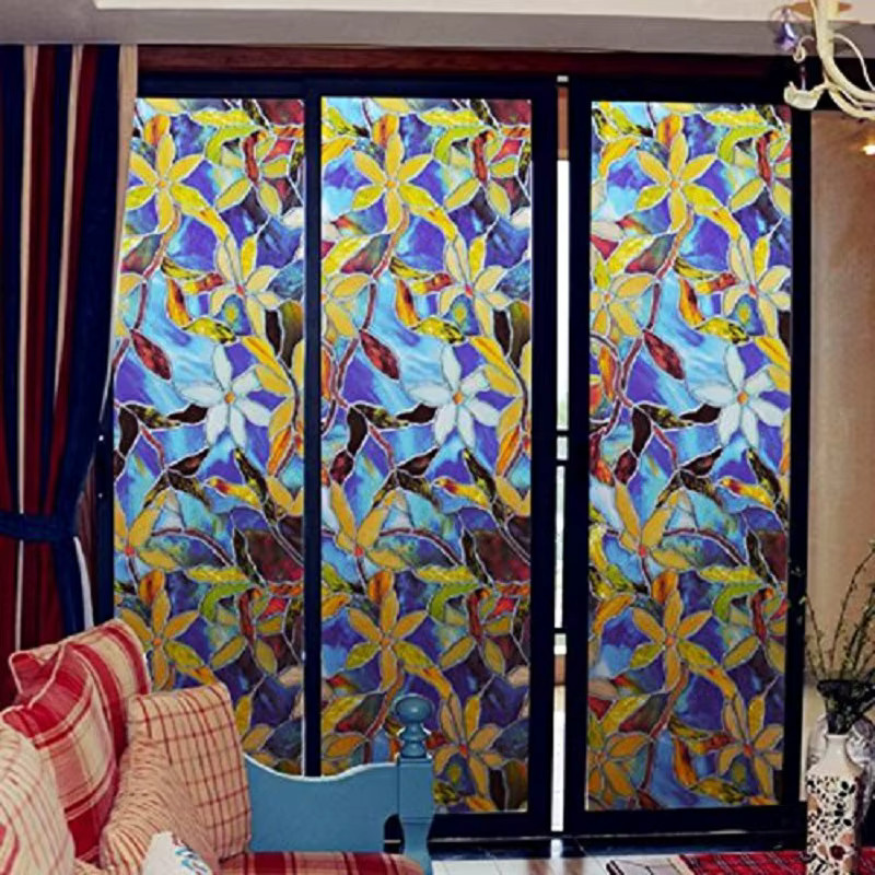 WXSHSH Fensterfolie mit Blumenmuster in Multicolour, statisch haftende Fensterabdeckung im Art Nouveau Design zur Wärmekontrolle und zum Sichtschutz - Bild 3