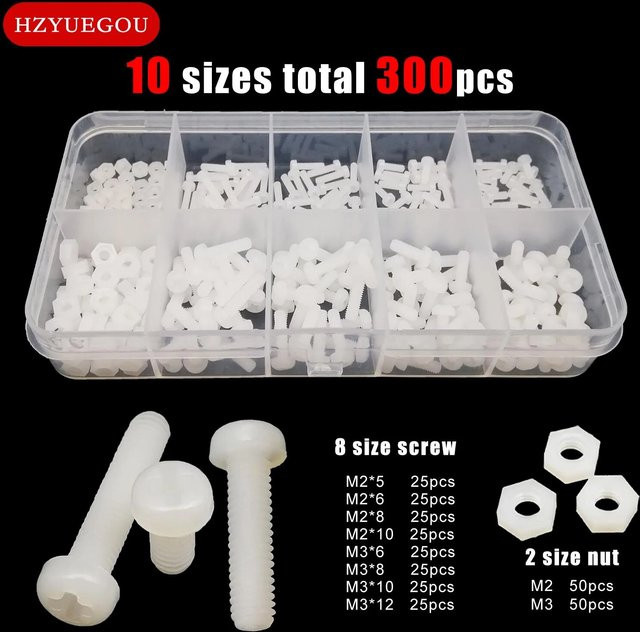 HZYUEGOU Nylon Kunststoff Sortiment Set mit isolierten Phillips Pan Rundkopf Bolzen Schrauben und Muttern in Weiß, 300 Teile, M2 und M3 in 10 Größen - Bild 1