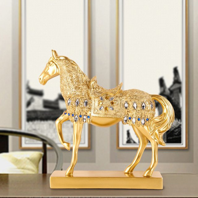 Goldene chinesische Pferdestatue aus Metall als orientalische Tischdekoration für Erfolg und Reichtum - Bild 1