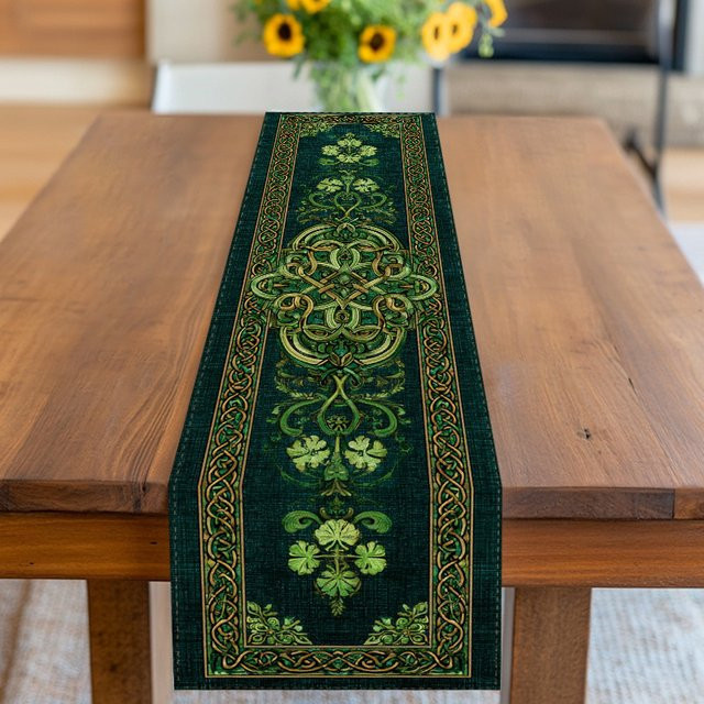 VIKAMA Tischläufer mit keltischem Kleeblatt-Motiv aus Leinen, Grün, B/H: 90 x 33 cm - Bild 1