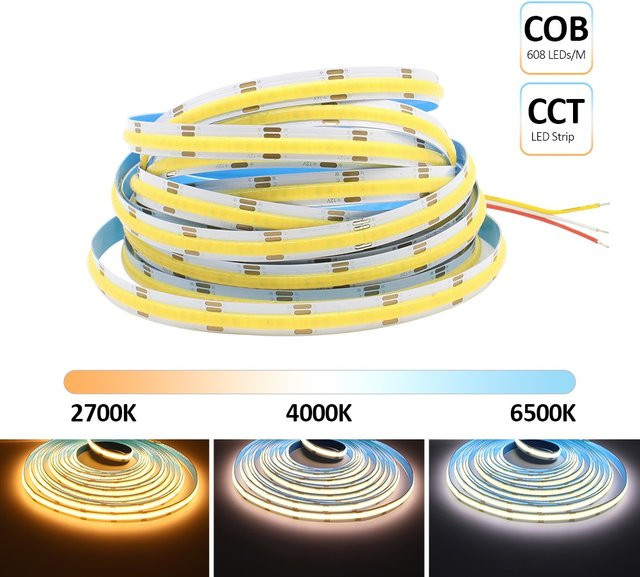 MJJC COB CCT LED Streifen mit 608 LEDs, dimmbar, Dual Weiß, 12V 24V DC, 5M Flexible FCOB Linear Band mit Ra90 und 10mm PCB Breite - Bild 1
