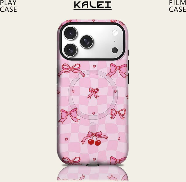 Potdemiel Blush Checkerboard Bow Handyhülle für iPhone 17 16 15 14 13 Pro Max Plus, magnetische robuste Doppel-Schicht-Hülle, Pink - Bild 1