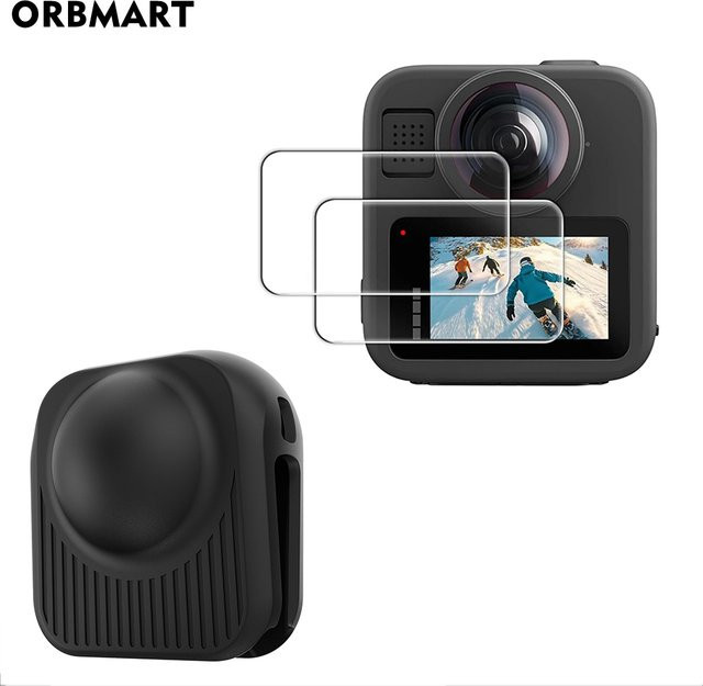 GoPro MAX 2 Schutzset aus Silikonhülle, Objektivdeckel und gehärteter Glas Displayschutzfolie in Schwarz - Bild 1