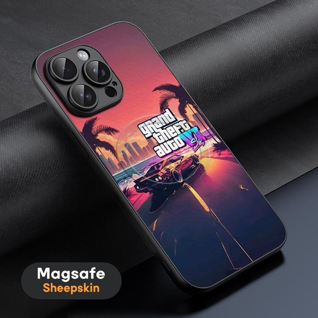 Luxus Handyhülle mit GTA 6 Logo Muster Design aus Lammleder für iPhone 16 15 14 13 12 11 Pro Max mit MagSafe, Multicolour - Bild 1