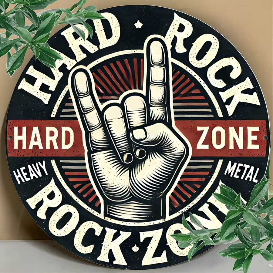 Vintage Hard Rock Rock Zone Blechschild von Zone Denmark, Rundes Metall-Wandbild im Retro-Stil mit Rock On Hand Gesture, Durchmesser: 20 cm, Mehrfarbig - Bild 4
