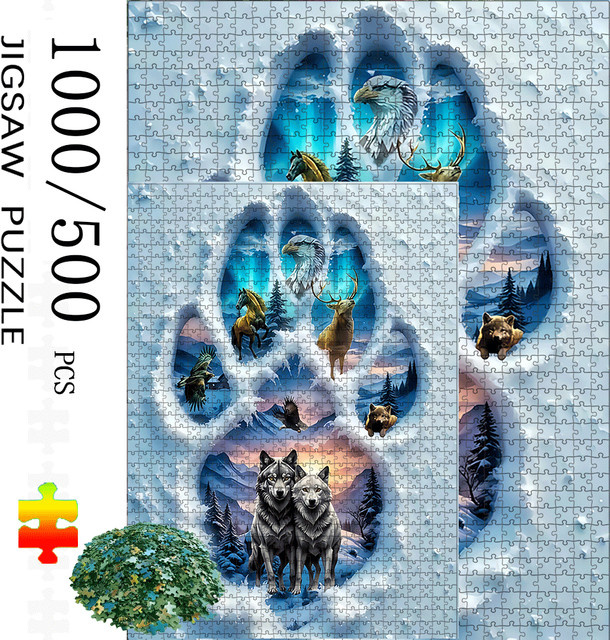 AZNM Tierpuzzle mit Wolf, Adler, Elch, Bärentatze und Wald, Puzzle - Bild 1