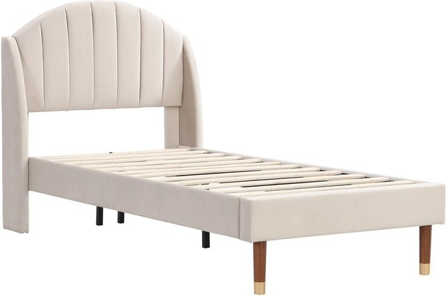 okwish Polsterbett aus Samt in Beige mit Lattenrost und Kopfteil für Jugendliche B/T/H: 90 x 200 x 108 cm - Bild 1