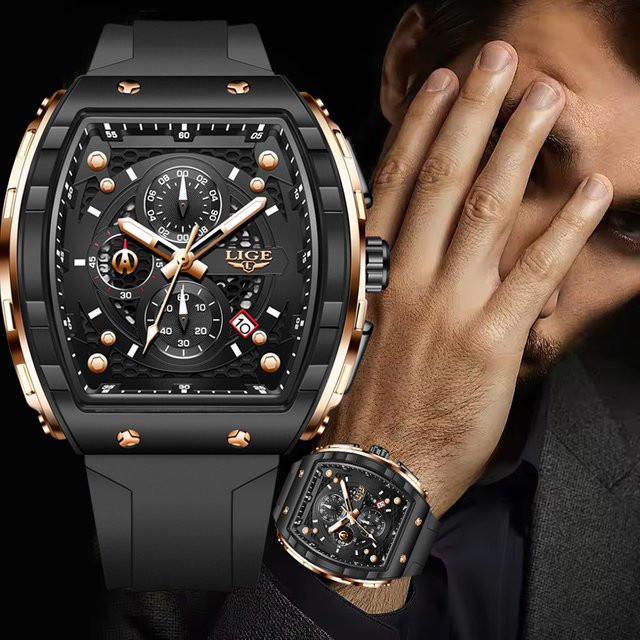 LIGE Armbanduhr Quarz, Silikon, Schwarz, Herren, Eckig, Leuchtzeiger - Bild 1