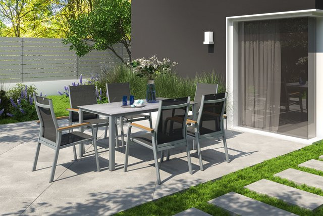 Kettler Granada Garten-Essgruppe aus Aluminium in Silber und Anthrazit mit rechteckigem Tisch und 6 Stapelsesseln, Tisch B: 160 cm, T: 90 cm, H: 75 cm - Bild 1