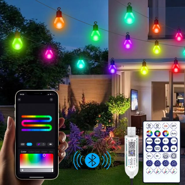 SerRickDon Wasserdichte Bluetooth LED-Lichterkette mit 25 Glühbirnen, USB-Betrieb, Mehrfarbig, 15 m für Garten, Camping und Weihnachtsdekoration - Bild 1