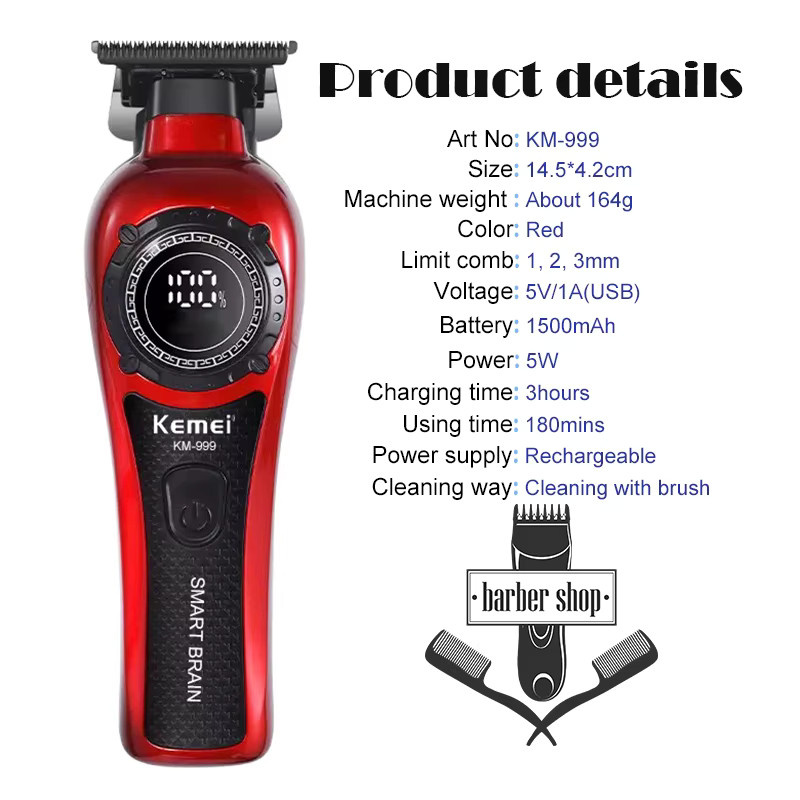 Kemei KM999 Elektrische Haarschneidemaschine für Herren, Rot - Bild 2