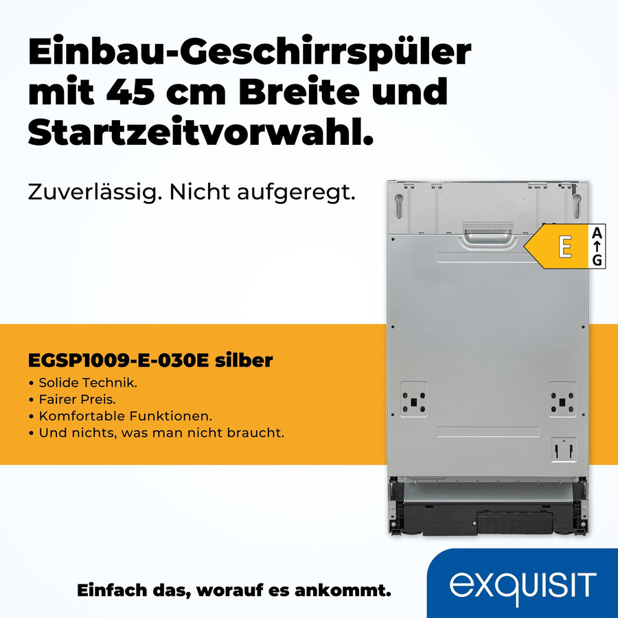 Vollintegrierbarer Geschirrspüler Exquisit EGSP 1009-E-030E in Silber, B/H/T: 44,8 x 81,5 x 55 cm - Bild 6
