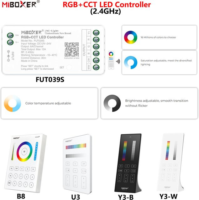 MiBoxer LED-Controller FUT039S+Y3/B8 RGBCCT 2,4GHz RF Wireless für COB und LED-Streifen, 6A/Ch, 16 Millionen Farben, DC12~24V - Bild 1