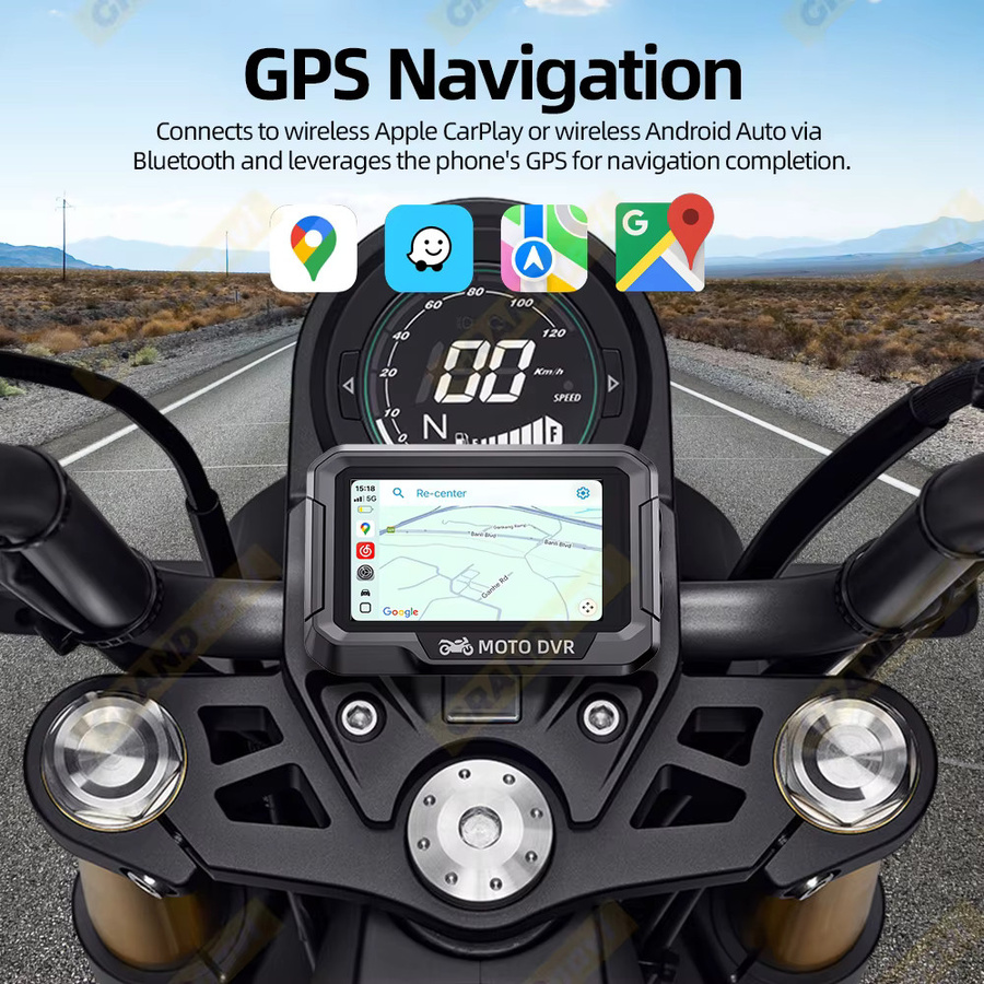 Grandnavi Tragbare 3,4 Zoll Motorrad GPS Navigation mit Wireless CarPlay und Android Auto, DVR Stick Recorder mit WIFI, IP67 Wasserdicht, Schwarz - Bild 4
