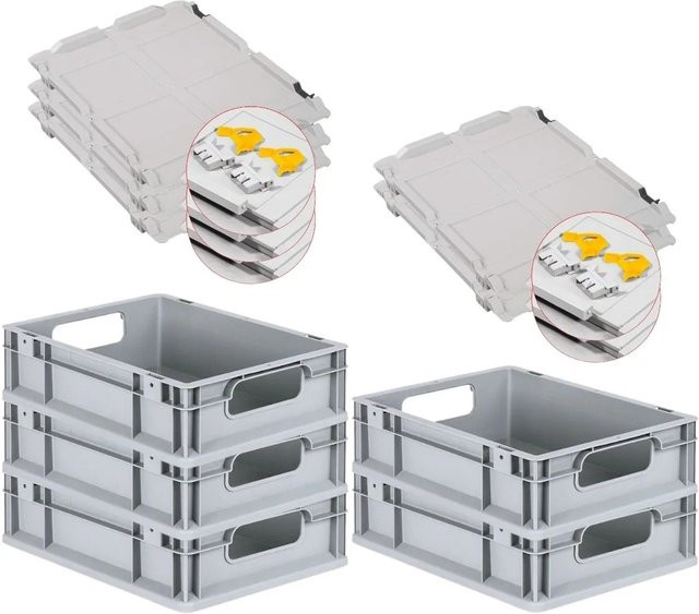 PROREGAL Spar Set 5x Eurobox Nextgen Economy mit Scharnierdeckel und gelben Schiebeschnappverschlüssen, Grau, H x B x T: 12 x 30 x 40 cm - Bild 1