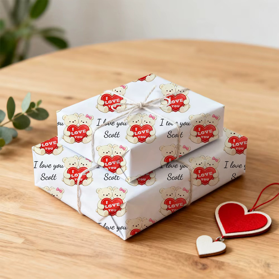 Personalisierbares Geschenkpapier von joy-enlife mit süßem Bären und rotem Herzmuster für Valentinstag und Hochzeiten, 3 oder 6 Stück - Bild 2