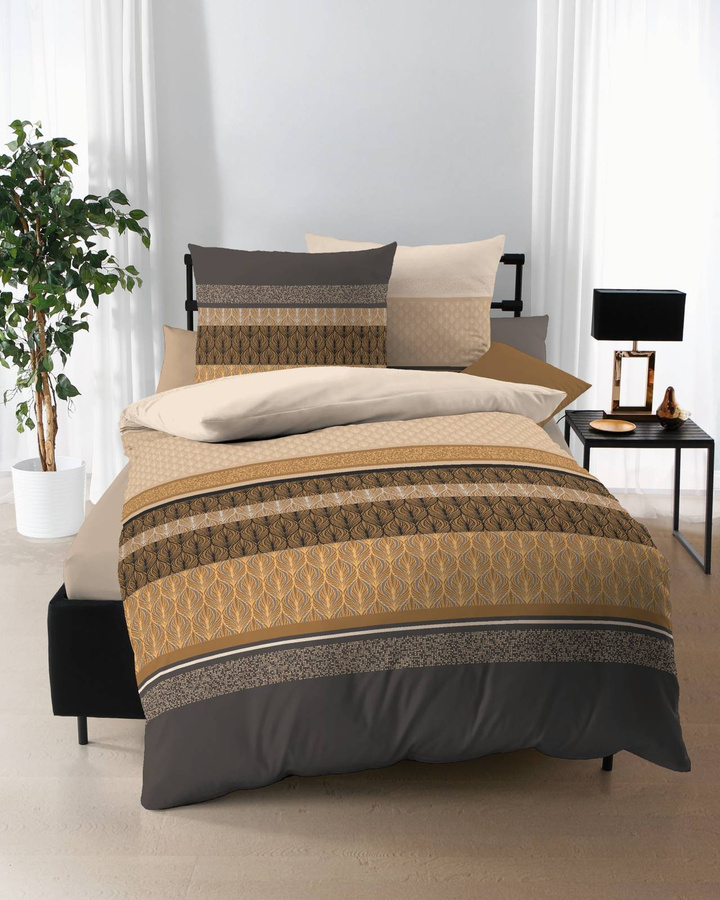 Valencia 334 Bettwäsche aus Mako-Satin in Gelb und Braun mit grafischem Design, B/H: 135 x 200 cm und 80 x 80 cm - Bild 1