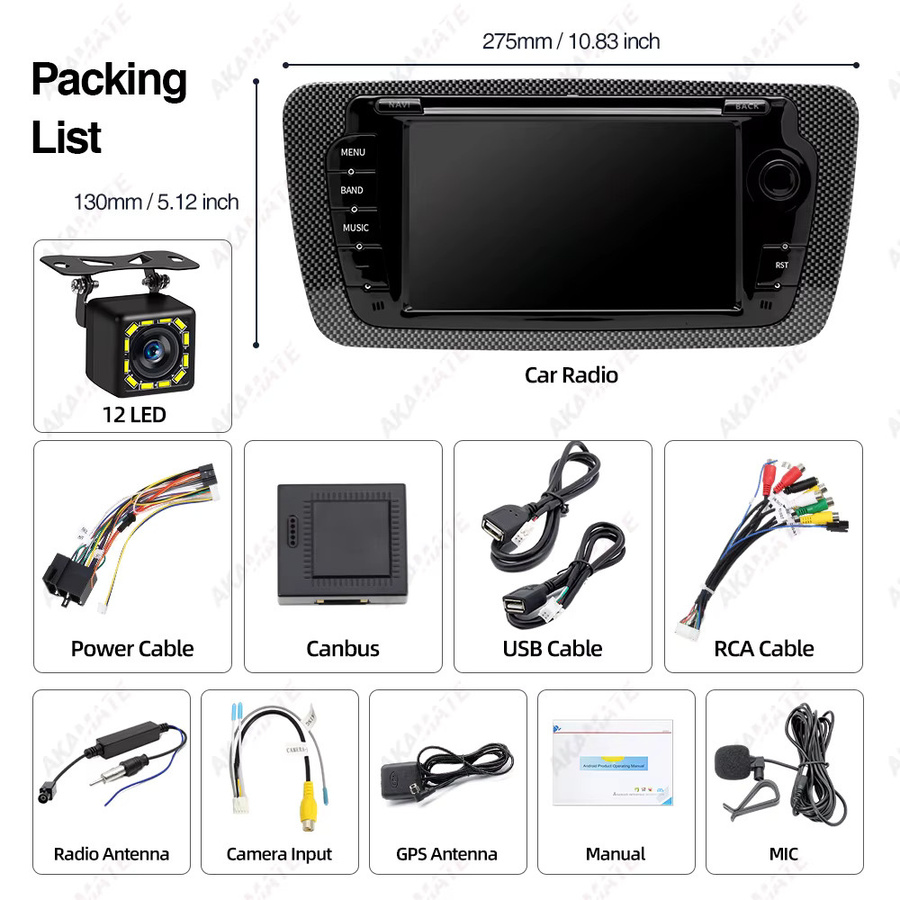AKAMATE 7 Zoll Auto Radio für Seat Ibiza 2009-2013 mit Bluetooth, CarPlay, Android Auto, GPS, WIFI und FM RDS in Schwarz - Bild 6
