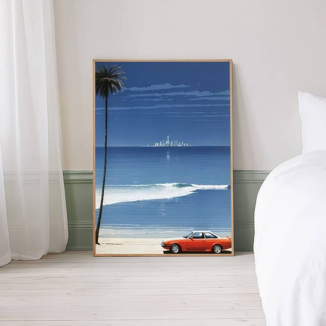 Hiroshi Nagai Vaporwave Poster Japan Strandstadt Sommer Illustration, Farbe: Multicolour/Blau, B: 21 cm, H: 30 cm - Bild 1