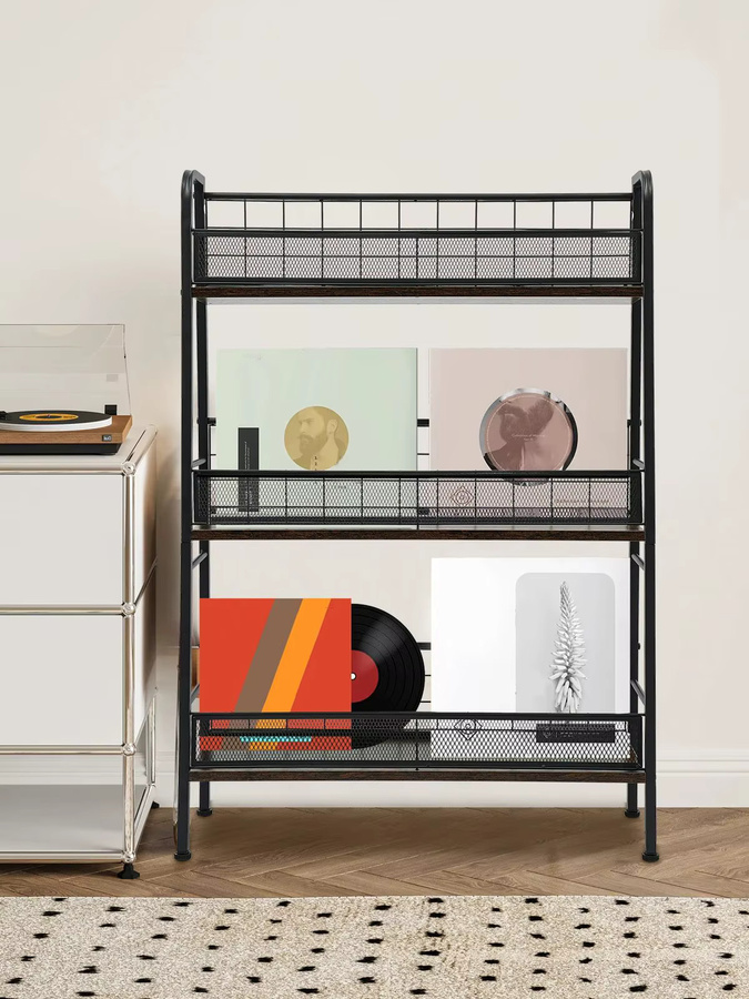 Bymaocar Schallplattenregal aus Metall in Schwarz, freistehendes Aufbewahrungsregal mit 3 Ebenen und Zeitschriftenhalter im Industrial-Design - Bild 6