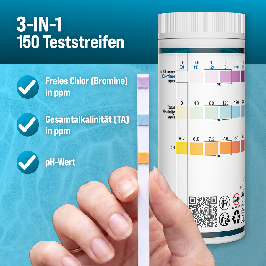 MONZANA 3in1 Pool Teststreifen zur Messung von pH-Wert, Chlor und Alkalinität für Pool, Whirlpool und Spa, 150 Stück - Bild 2