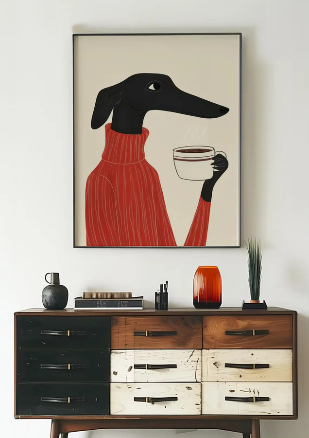 SHENCHEN Retro-Chic Wandbild mit schwarzem Hund im roten Rollkragenpullover und Kaffeetasse, minimalistischer Print auf Papier - Bild 5