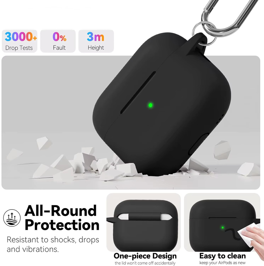 Apple AirPods Pro 3 Schutzhülle aus weichem Silikon mit Reinigungsset und Schlüsselanhänger in Schwarz oder Transparent - Bild 2