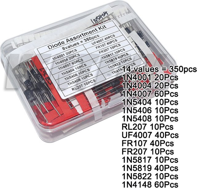 VENTENY Dioden-Set mit 14 Werten in Schwarz, 350 Stück pro Box, inklusive Gleichrichter, Schnellrückstell- und Schottky-Dioden wie 1N4001, RL207, UF4007, FR107 und 1N4148 - Bild 1