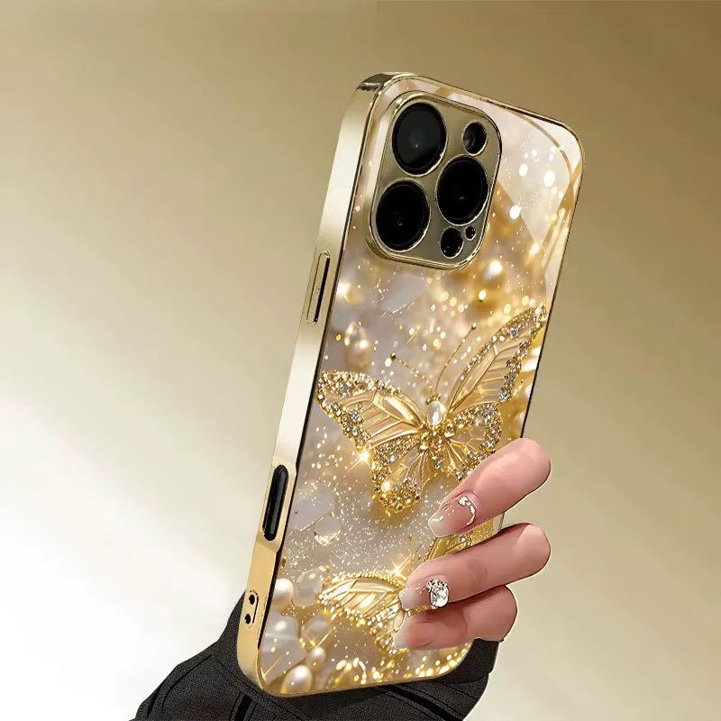 Goldene iPhone Handyhülle aus gehärtetem Glas mit Schmetterlings-Perlenmuster für Apple iPhone 11 bis 17 Pro Max Air Plus - Bild 2