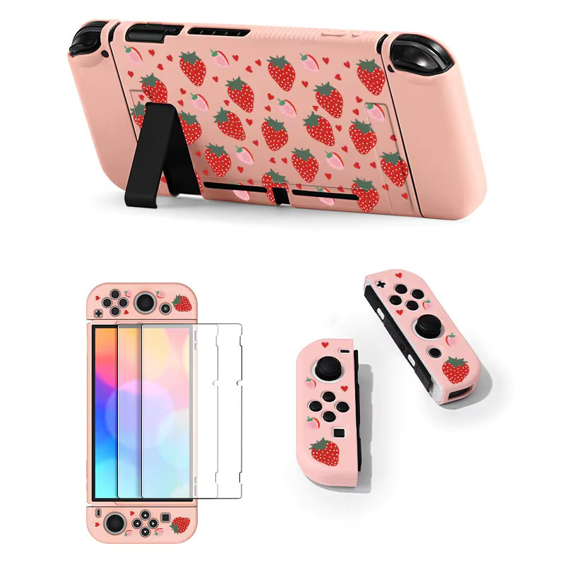 Nintendo Switch Schutzhülle mit Erdbeer-Muster und 2 Schutzfilmen, kompatibel mit Nintendo Switch, OLED und Lite, Farbe: Pink/Lila - Bild 3