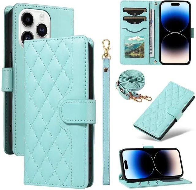 G.MING Leder Lanyard Handyhülle mit Geldbörse und Kartenfach als Crossbody Klapptasche für iPhone 17 Pro Max, 16, 15, 14, 13, 12, 11, XS, XR, X in Türkis - Bild 1