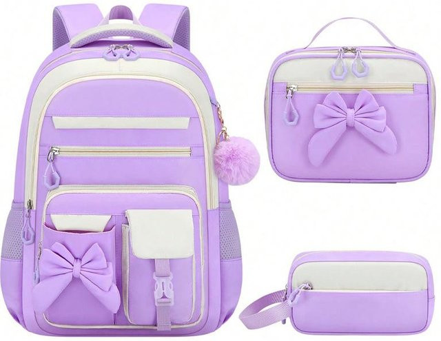Fancy Style Studio Schultaschen-Set für Grundschülerinnen mit Schleife und Federmäppchen sowie Brotdose in Lila - Bild 1