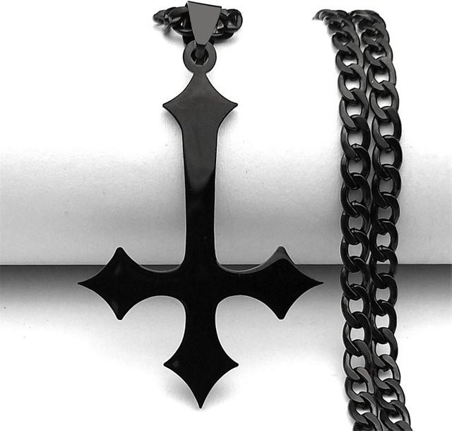 AFAWA Anhänger Halskette, Edelstahl, Umgedrehtes Kreuz, Schwarz, Unisex - Bild 1