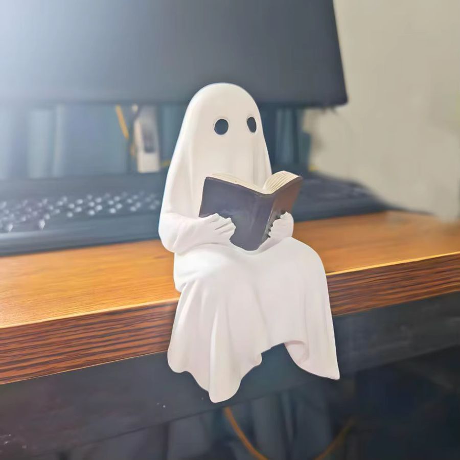 Niedliche Halloween-Geiststatue aus Kunstharz in Reinweiß als Deko-Figur für Bücherregale und Heimdekoration - Bild 3