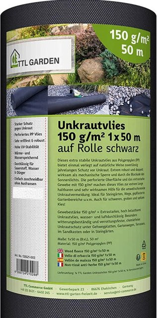 TTL GARDEN Unkrautvlies Schwarz, 150g/m², 1 x 50 m, 50m² Rolle, extra starkes Mulchvlies für Garten, Wege und Beete, wasserdurchlässig und UV-stabil - Bild 1