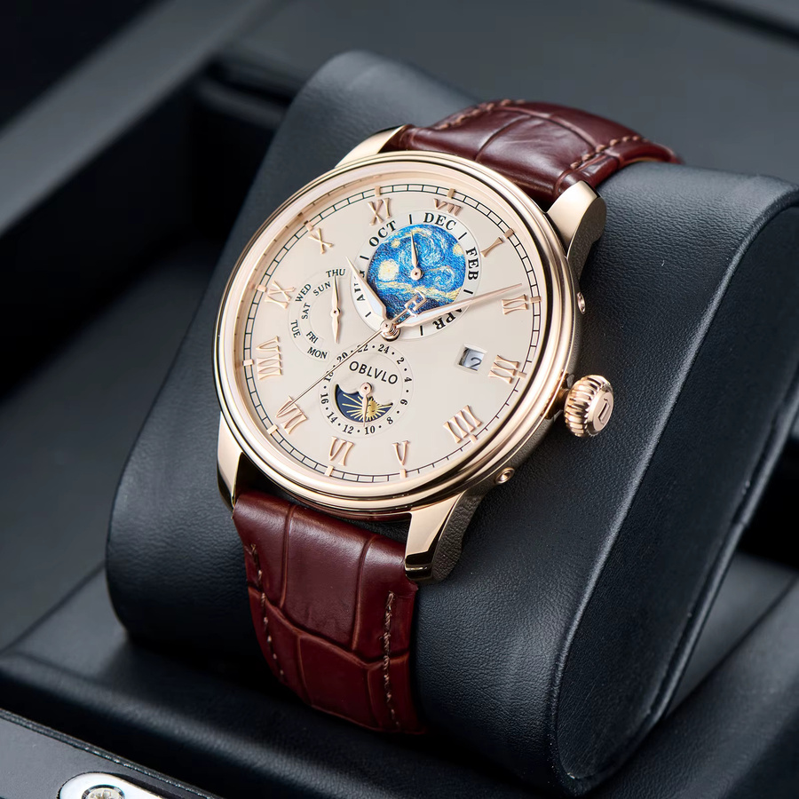 OBLVLO Automatik-Armbanduhr, Leder, Weiß, Herren - Bild 2
