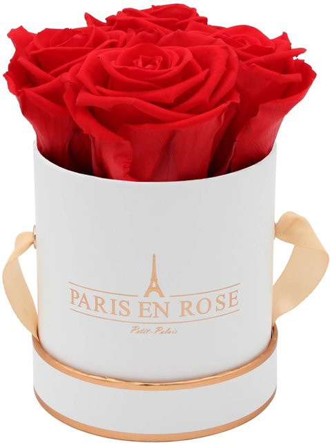 PARIS EN ROSE Rosenbox Weiß-Roségold mit 4 roten Rosen, Durchmesser: 10 cm - Bild 1